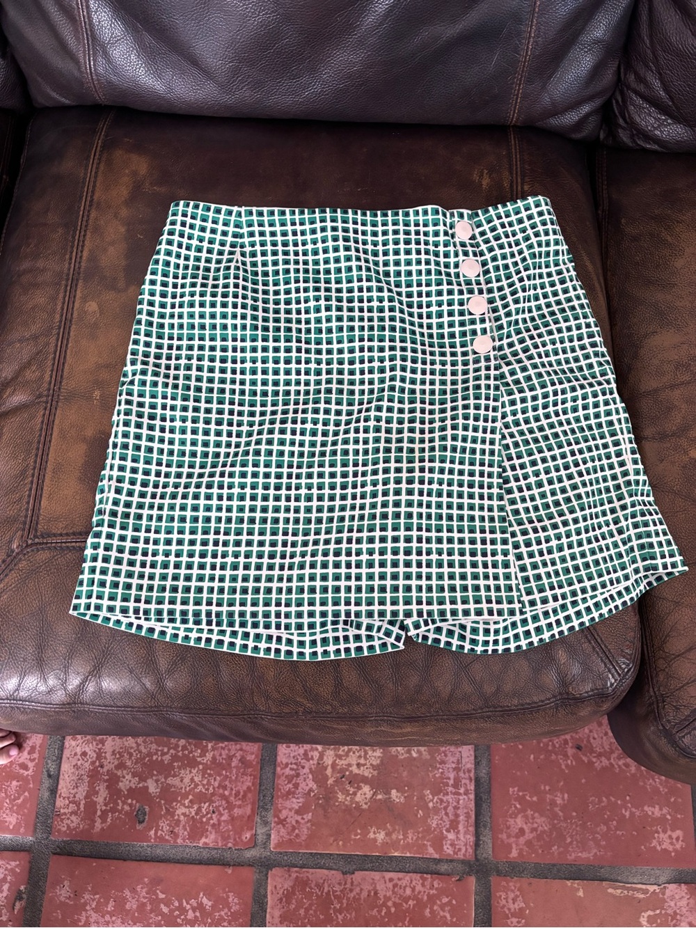 Tory Sport Green Checked Mini Skirt with Side Buttons